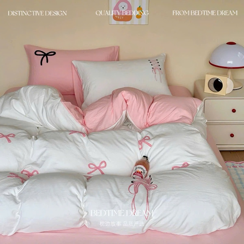 Set Chăn Ga Gối Cotton Đũi Hoạ Tiết 3D Nơ Xinh Cho Phòng Ngủ - Bộ 4 Món ...