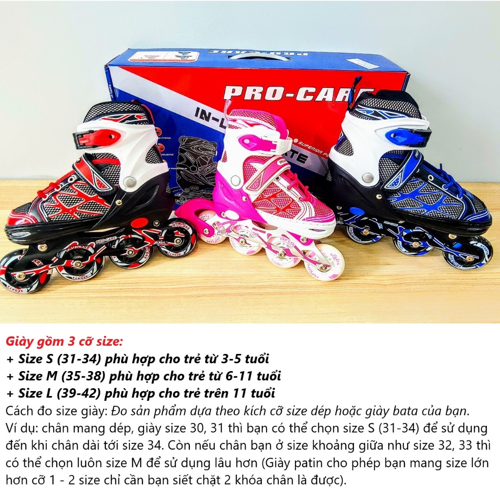 Giày Trượt Patin 1 Hàng Bánh 606 PRO-CARE Chính Hãng Đài Loan (Có Thể Điều Chỉnh Tăng Thêm 3 Size)