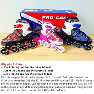 Giày Trượt Patin 1 Hàng Bánh 606 PRO-CARE Chính Hãng Đài Loan (Có Thể Điều Chỉnh Tăng Thêm 3 Size)
