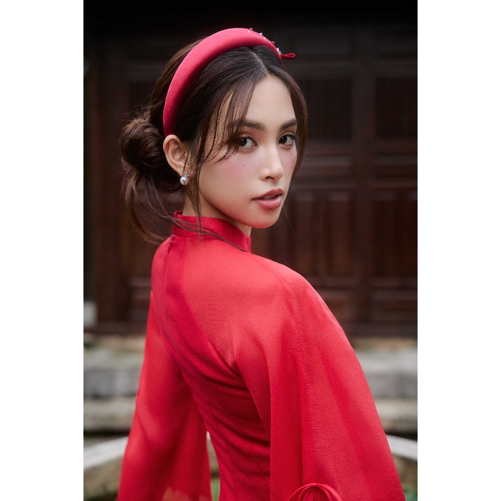 Áo dài Mị Sắc - Áo dài cổ tàu đính nơ, tay xẻ nơ 2M03.2410TF, áo dài cách tân thiết kế bởi JM Dress Design
