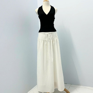Chân váy chữ A dài trắng bản eo cao cột dây 2 lớp linen Lolalalo váy tiểu thư maxi xờe