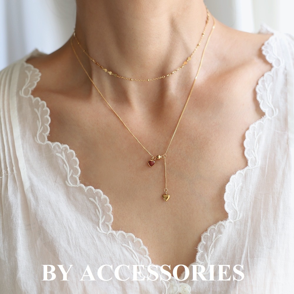 Dây chuyền nữ titan tua rua trái tim nhỏ xinh sơn dầu màu đỏ mạ vàng không gỉ WN24107 BY ACCESSORIES