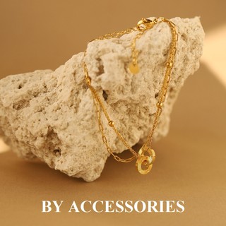Lắc tay nữ titan xích kép phối 2 mặt tròn lồng nhau mạ vàng 18K vintage không gỉ WB2418 BY ACCESSORIES