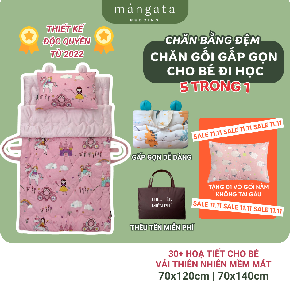 Bộ chăn gối cho bé mầm non Mangata Bedding gấp gọn 5 trong 1, size 70x120cm  70x140cm chăn nệm cho bé mẫu giáo tiểu học | Shopee Việt Nam