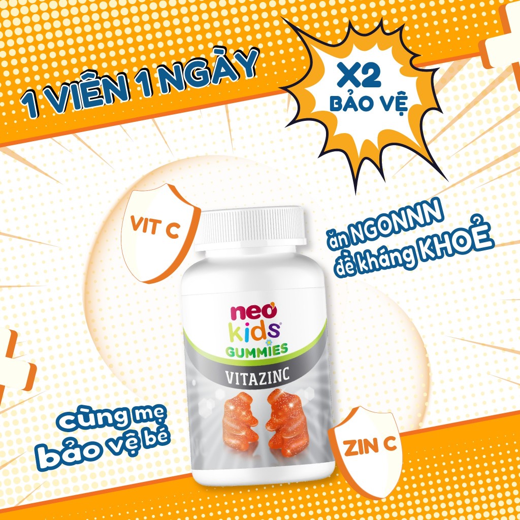 Gummies VitazinC Kẽm Hữu cơ con gấu Neokids Viên nhai Hộp 60 viên + quà
