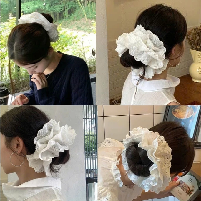 Cột tóc Scrunchies Phối Ren nhiều lớp cỡ lớn màu trắng đen đơn giản retro GENCI SCRNL