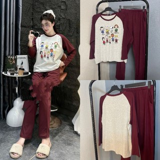 Bộ ngủ cotton xám ghi pha đỏ đô hoạt hình + quần xuông form vừa