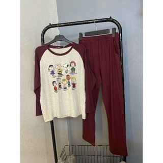Bộ ngủ cotton xám ghi pha đỏ đô hoạt hình + quần xuông form vừa