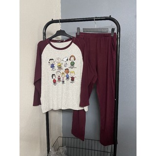 Bộ ngủ cotton xám ghi pha đỏ đô hoạt hình + quần xuông form vừa