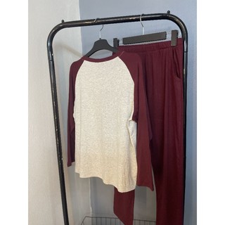 Bộ ngủ cotton xám ghi pha đỏ đô hoạt hình + quần xuông form vừa