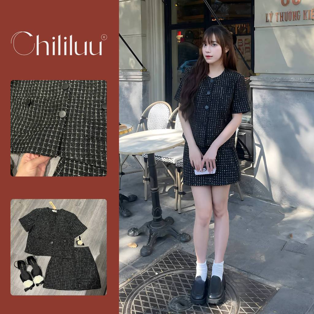 Set dạ Chililuu áo dạ tweed form hộp phối chân váy ngắn phong cách tối giản thanh lịch