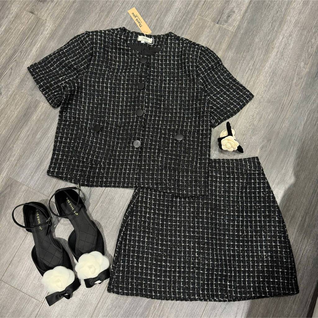 Set dạ Chililuu áo dạ tweed form hộp phối chân váy ngắn phong cách tối giản thanh lịch