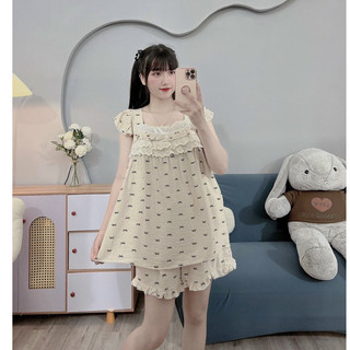 BỘ BẦU ĐÙI ĐŨI HÀN IN HÌNH NƠ CỔ VUÔNG - 2 Màu - Quần Có Chun Chỉnh