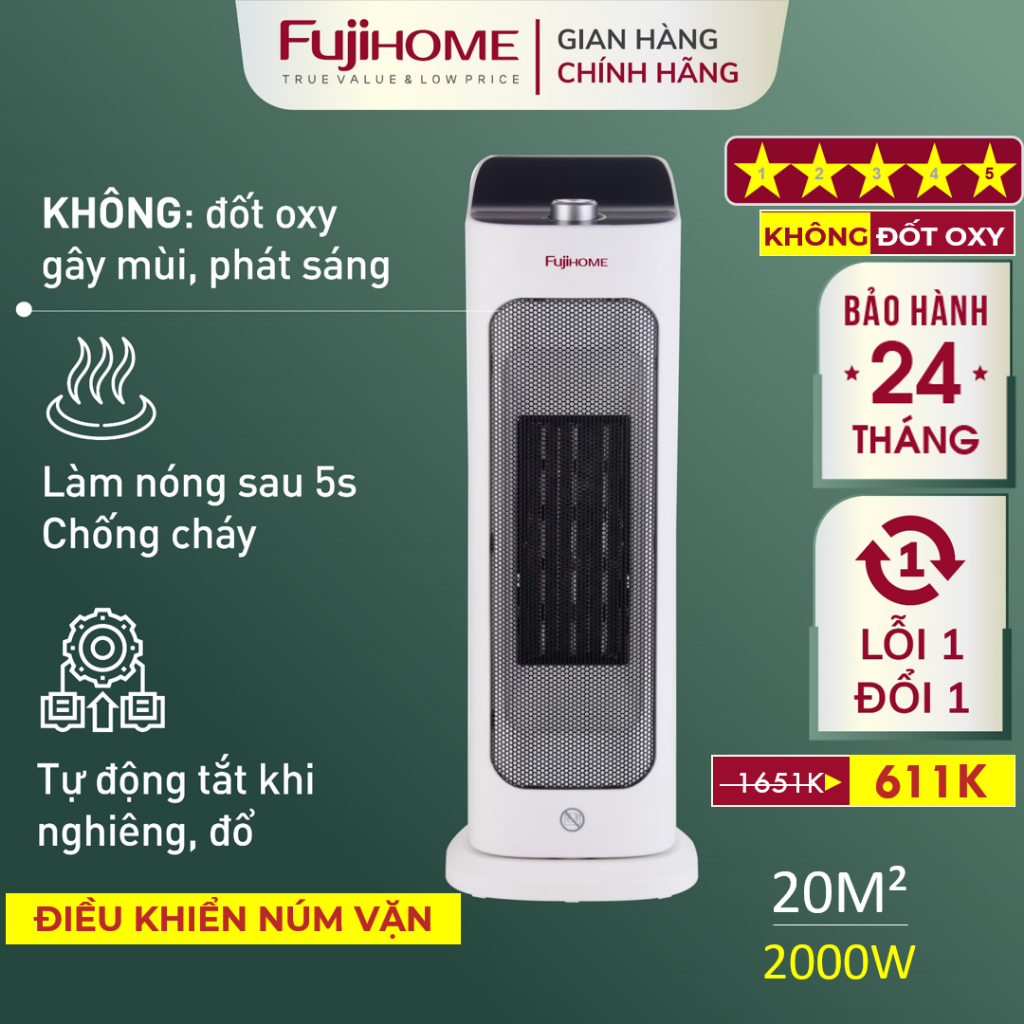 Máy sưởi FujiHome FH1000 công nghệ, làm nóng nhanh, không khô da, không đốt oxi, bảo hành 24 tháng