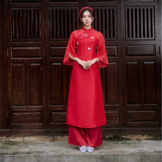 Áo dài Mị Sắc - Áo dài cổ tàu đính nơ, tay xẻ nơ 2M03.2410TF, áo dài cách tân thiết kế bởi JM Dress Design