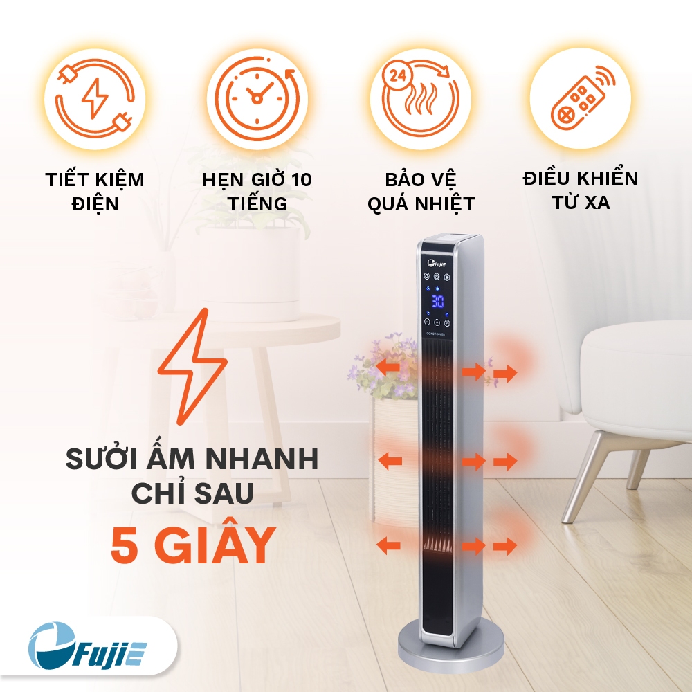 Quạt sưởi FujiE CH-2200 gốm Ceramic,không đốt oxi, tự ngắt khi quá nhiệt, nghiêng đổ, điều khiển từ xa,bảo hành 12 tháng