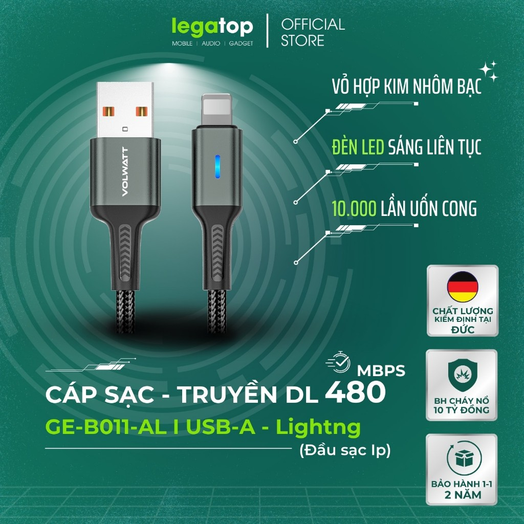 Cáp sạc & truyền DL Siêu nhanh Volwatt GE-B011-AL - LED Dây bện - USB ...