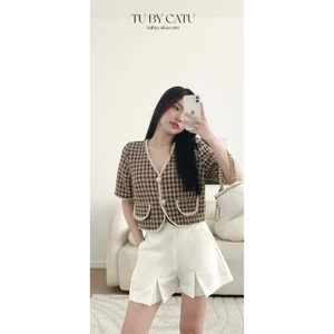 Áo tweed TubyCatu tay ngắn màu nâu freesize