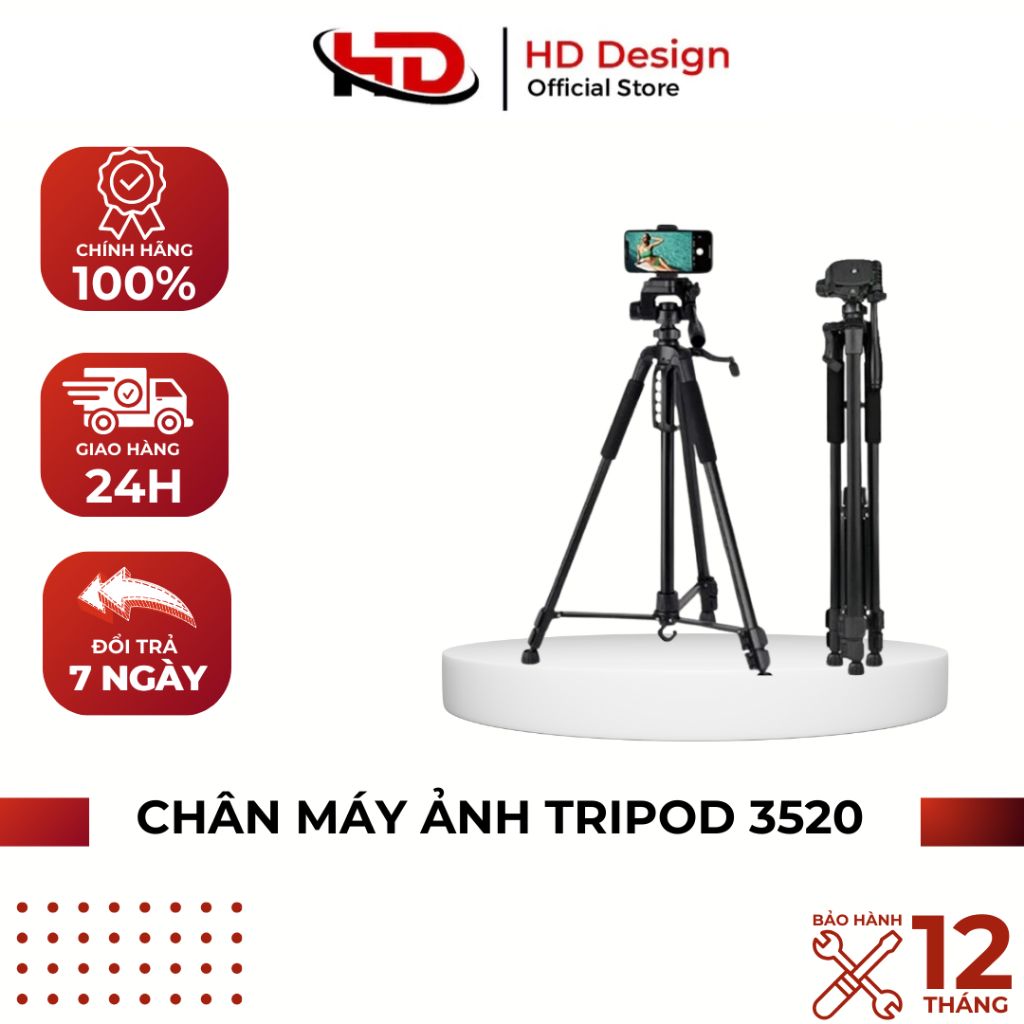 Chân Máy Ảnh, chân máy Tripod 3520,Chân Quay Video Hỗ Trợ Quay 360°-Kích Thước 55-145cm - HD Design