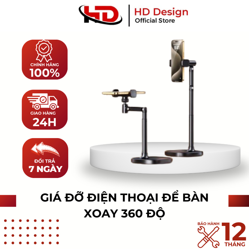 Giá đỡ điện thoại để bàn T10 - Hỗ trợ quay 360° - Hợp kim nhôm chắc chắn - Chiều cao 30-45cm