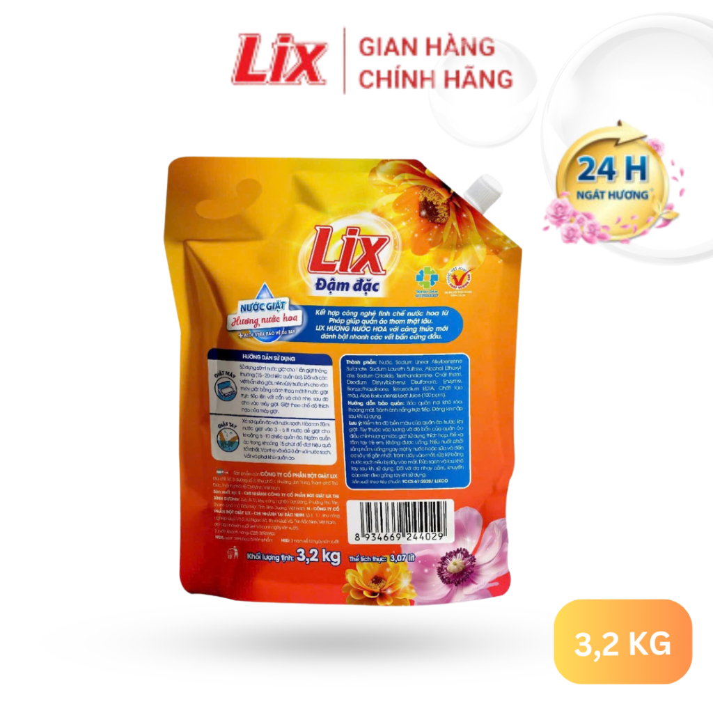 Ảnh Nước giặt Lix đậm đặc hương nước hoa túi 3.2Kg sạch thơm như mới khử mùi nấm mốc NGH47 nước giặt bảo vệ da tay 2