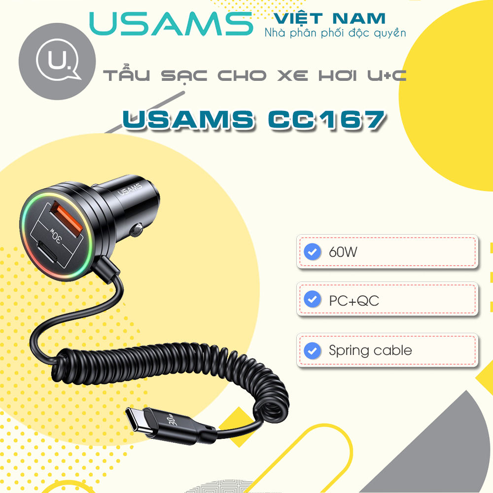 Tẩu Sạc Cho Xe Hơi U+C USAMS CC167 60W (With Spring Type-C Cable ...