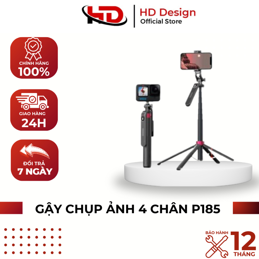Gậy Chụp Ảnh 4 Chân P185 - Gậy Selfie Cầm Tay Tặng Kèm Remote - Chiều Dài Sử Dụng 30-180cm - Chính Hãng HD DESIGN