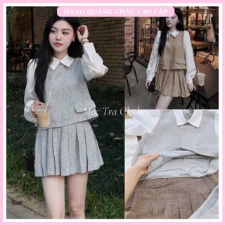 Set áo váy dạ Loại 1 thiết kế gồm áo dạ phối cổ sơ mi và chân váy xếp ly xòe ngắn trẻ trung, Set đồ nữ dự tiệc rẻ đẹp