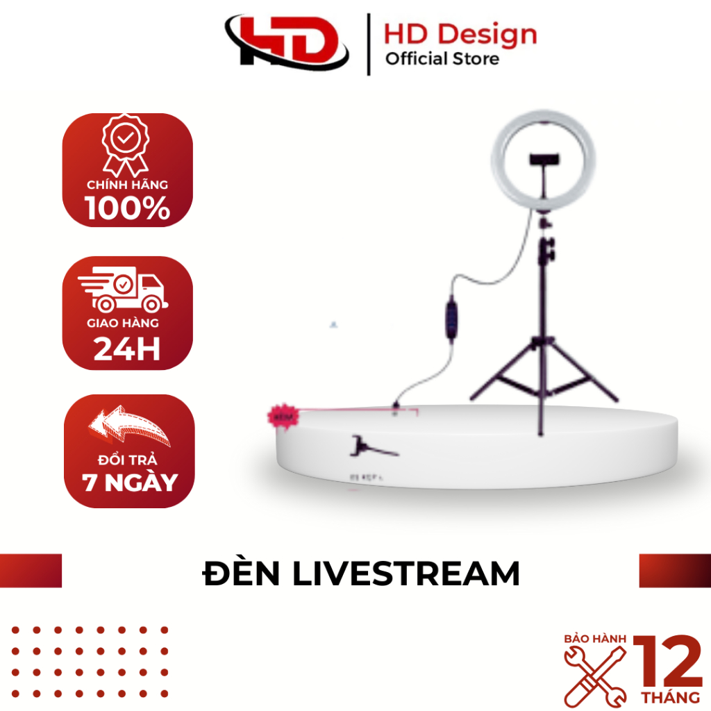 Đèn livestream giá rẻ 30cm và chân 2m1 hỗ trợ chụp ảnh, bán hàng, make up thay đổi chế độ sáng- Chính Hãng HD DESIGN