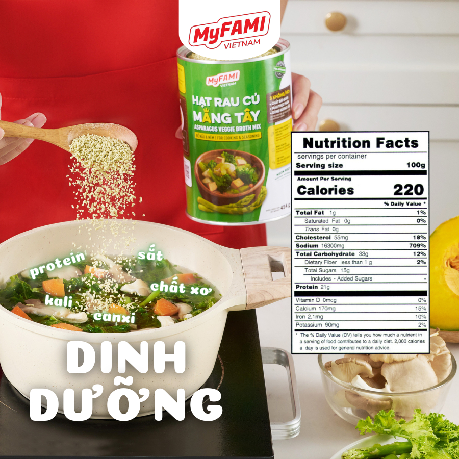 Gia Vị Nấu Ăn Hạt Rau Củ Măng Tây MyFAMI 15% rau củ, măng tây KHÔNG chất bảo quản lon 454G