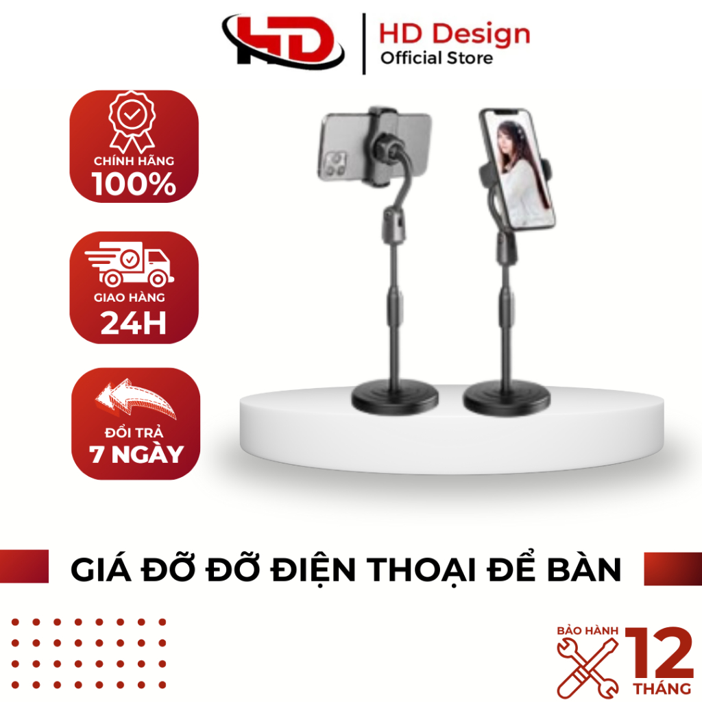 Giá Đỡ Kẹp Điện Thoại L08 Đế Tròn Để Bàn - Cao Tối Đa 33cm - Chính Hãng HD DESIGN
