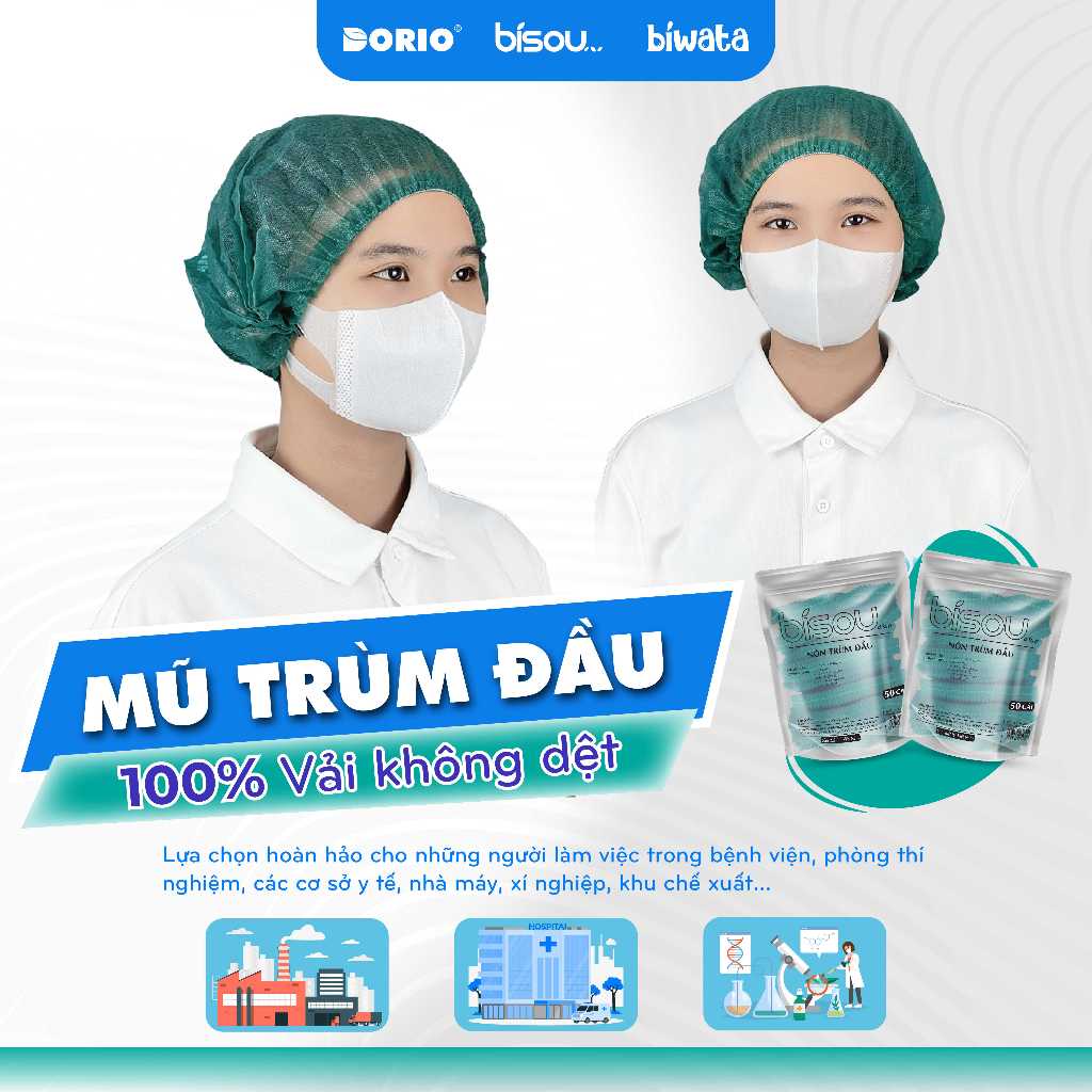 Combo 3 túi 150 cái mũ trùm đầu y tế  hiệu BISOU