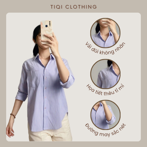 Áo Sơ Mi Kẻ Sọc Vừa Trẻ Trung 1 Túi Thêu, Sơ Mi Chất Đũi Xược Mềm Mại, Thấm Hút Mồ Hôi Freesize TiQi Clothing