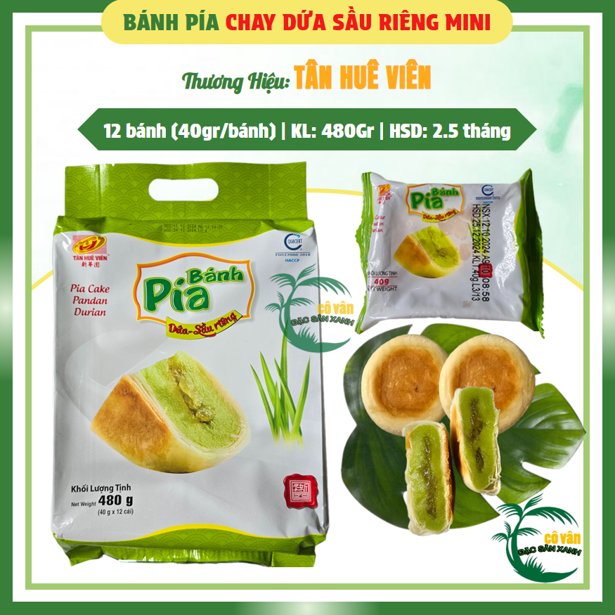 Bánh pía chay lá dứa sầu riêng mini Tân Huê Viên 480Gr (gói gồm 12 bánh ...