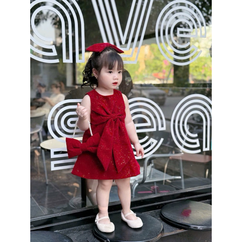 Váy nhung kim tuyến nơ to [TẶNG BUỘC TÓC nơ] cho bé gái 10-30kg