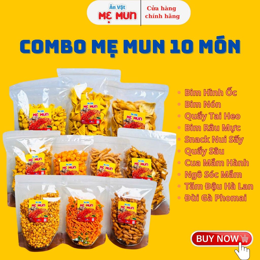 COMBO 10 MÓN ĂN VẶT MẸ MUN : Bim Hình Ốc, Bim Nón,Tai Heo,Râu Mực,Nui Sấy,Quẩy Sâu,Cua Hành, Ngô, Tăm Đậu, Đùi Gà Phomai