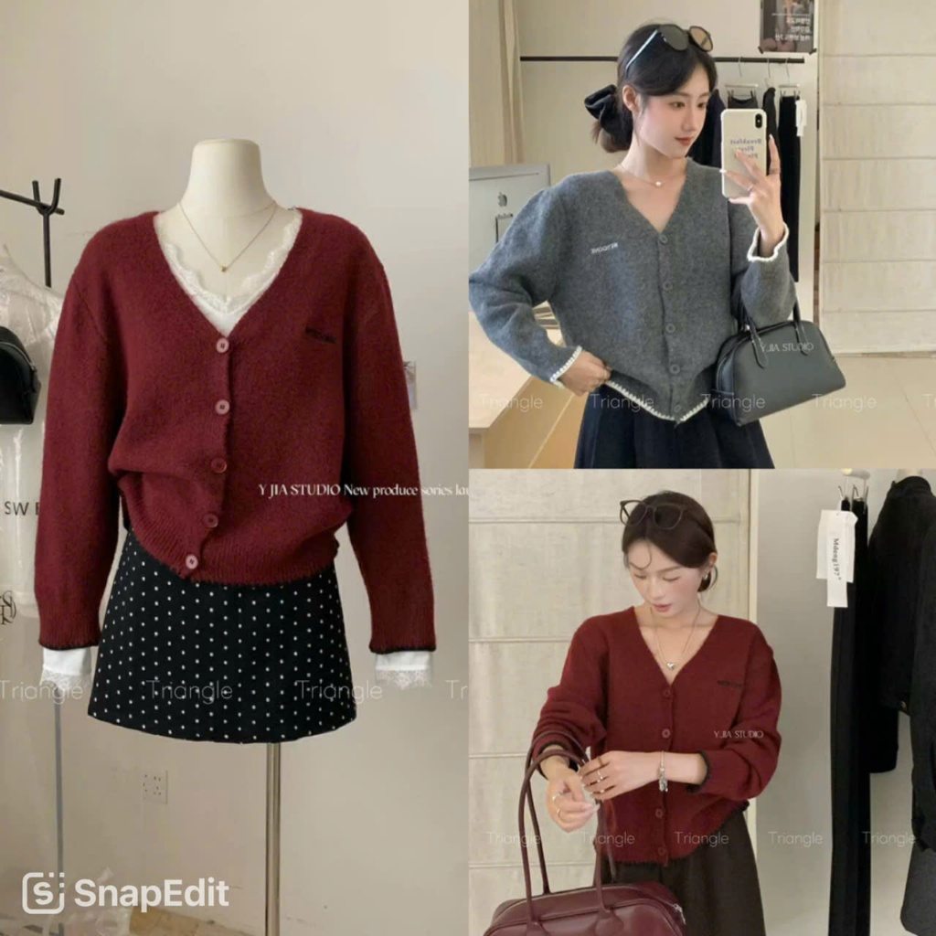 Triangle - (Giá thanh lý, không hoàn) YJia studio Knit cardigan Áo len cardigan dáng ngắn Hàn Quốc