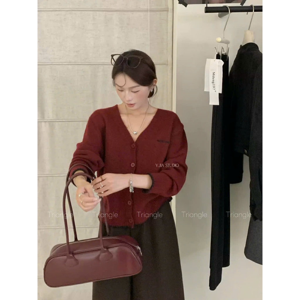 Triangle - (Giá thanh lý, không hoàn) YJia studio Knit cardigan Áo len cardigan dáng ngắn Hàn Quốc