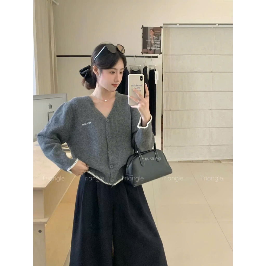 Triangle - (Giá thanh lý, không hoàn) YJia studio Knit cardigan Áo len cardigan dáng ngắn Hàn Quốc