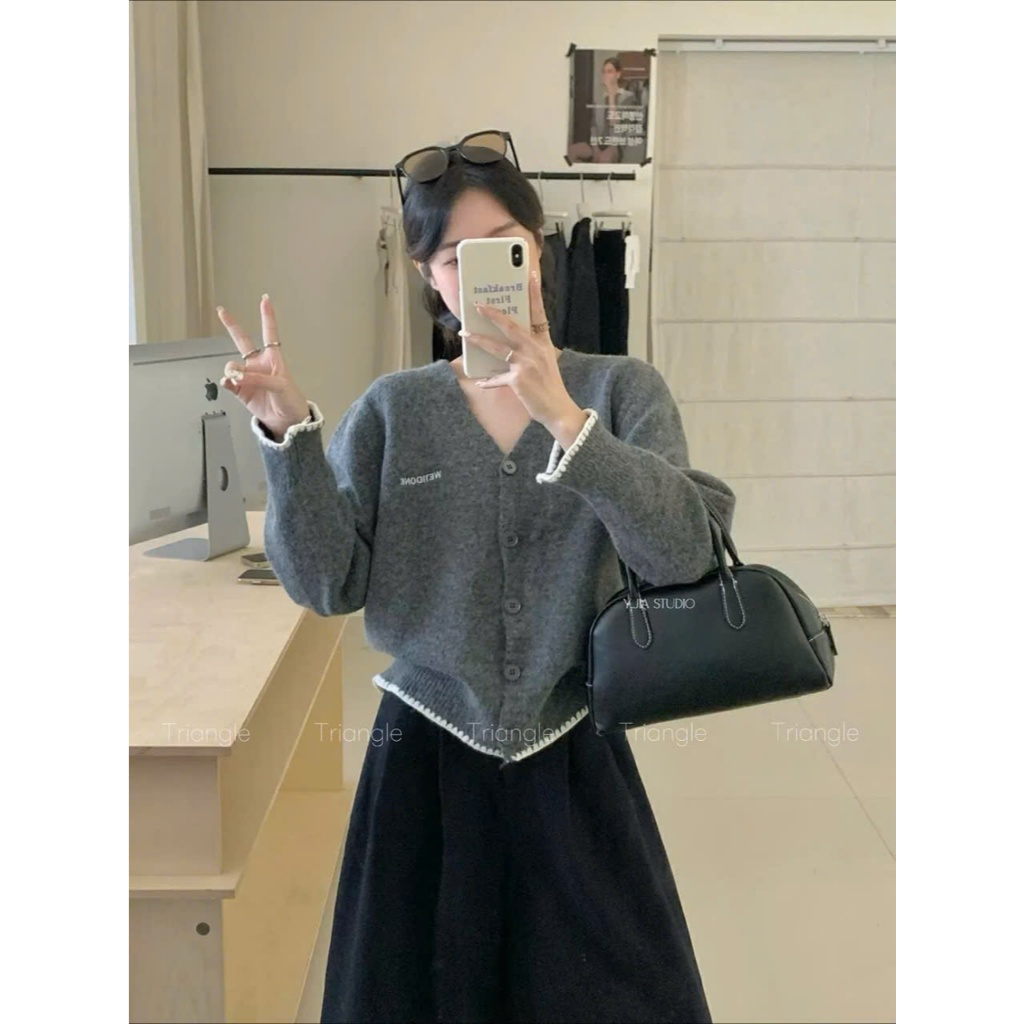 Triangle - (Giá thanh lý, không hoàn) YJia studio Knit cardigan Áo len cardigan dáng ngắn Hàn Quốc