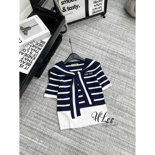 Áo len nữ kẻ ngang cộc tay, buộc khăn liền áo free size 739