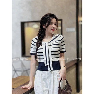 Áo len nữ kẻ ngang cộc tay, buộc khăn liền áo free size 739