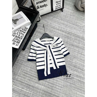 Áo len nữ kẻ ngang cộc tay, buộc khăn liền áo free size 739