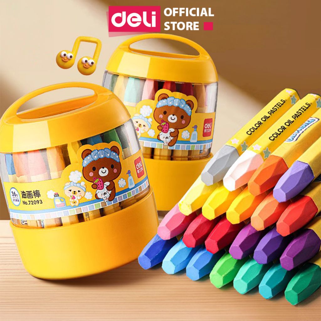 [MUA 3 GIẢM 30%] Bút sáp dầu học sinh hộp nhựa tròn DELI -12/18/24 màu cho bé tô màu, vẽ tranh - Màu sắc tươi sáng