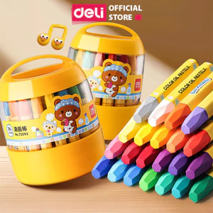 Bút sáp dầu học sinh hộp nhựa tròn DELI -12/18/24 màu cho bé tô màu, vẽ tranh - Màu sắc tươi sáng