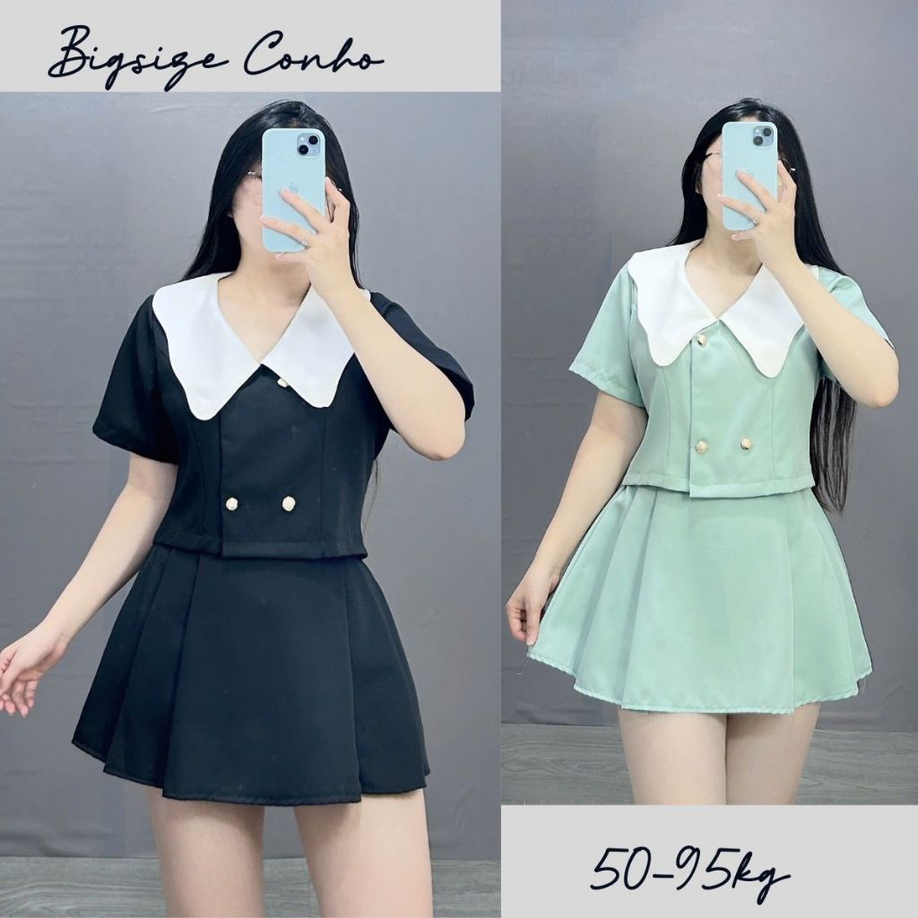 Set Thiết Kế Bigsize Nữ Áo Cổ Búp Bê Kèm Chân Váy Xếp Ly Dáng Chữ A Vải Cotton Lạnh SET829