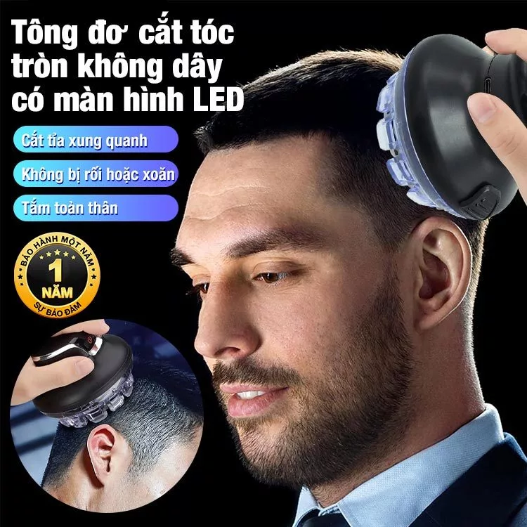 Tông đơ cắt tóc tròn không dây có màn hình LED - Không rối, không uốn, tự cắt tóc, chống nước.