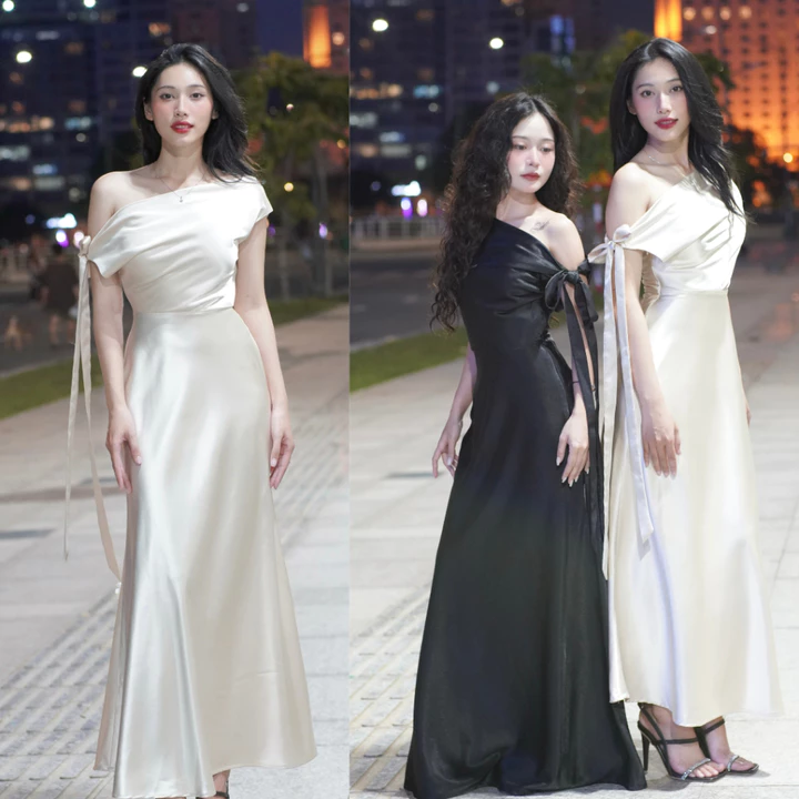 Đầm Lụa Dự Tiệc Trễ Vai Phối Nơ Lệch Vai Lụa Hàn NV684 Váy Lụa Đầm Dự Tiệc Cưới Lệch Vai Dây Thắt Được Nhiều Kiểu Nữ