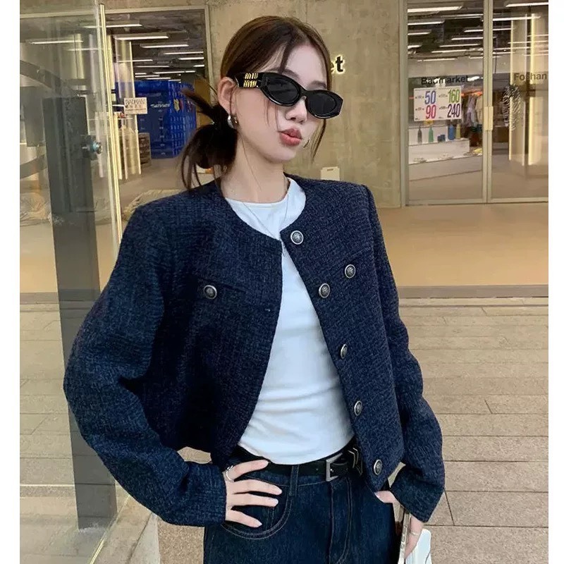 (sẵn)Áo khoác dạ tweed hai lớp màu xanh than trơn cơ bản túi ngực dáng ngắn vừa TWEE002 - Tiktik