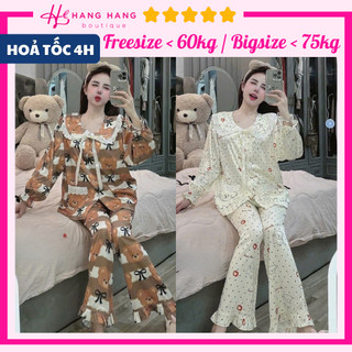 Đồ ngủ nữ pijama dài tay cổ bèo nơ túi bigsize lụa latin mịn mát 2SDD06, đồ bộ nữ đồ mặc nhà tiểu thư dễ thương